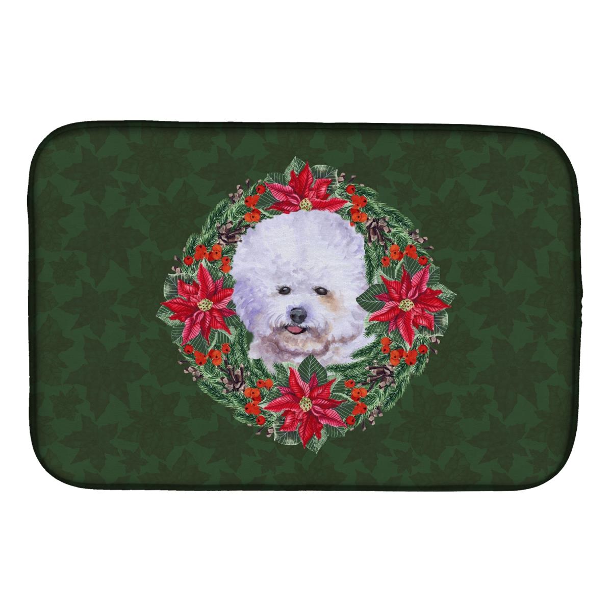 Bichon Frise Poinsetta Wreath Dish Drying Mat