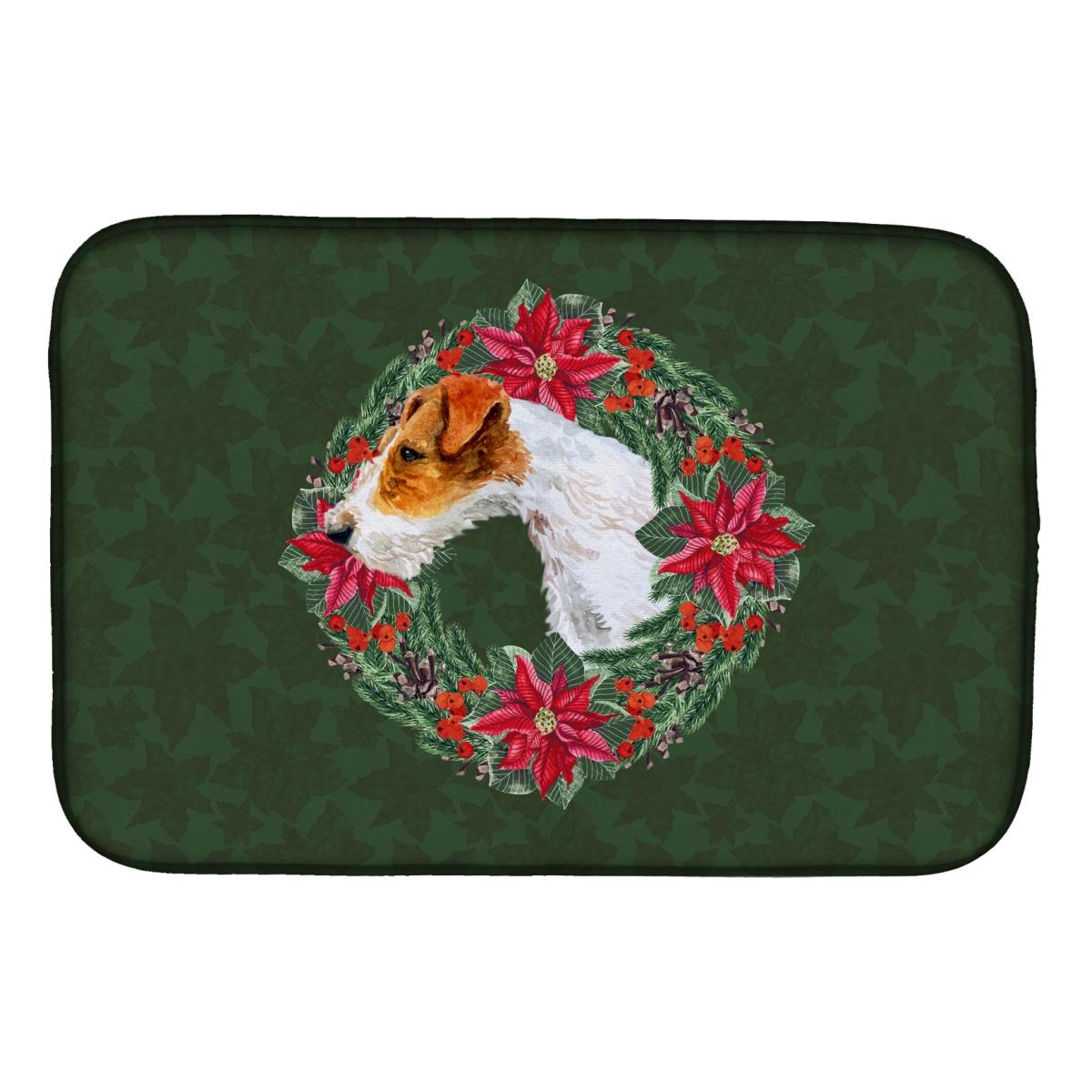 Fox Terrier Poinsetta Wreath Dish Drying Mat