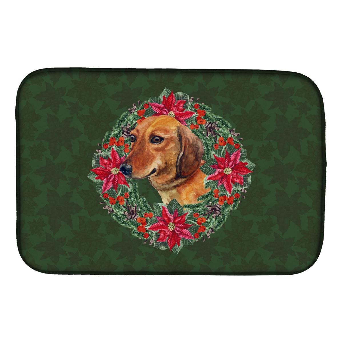 Dachshund Poinsetta Wreath Dish Drying Mat