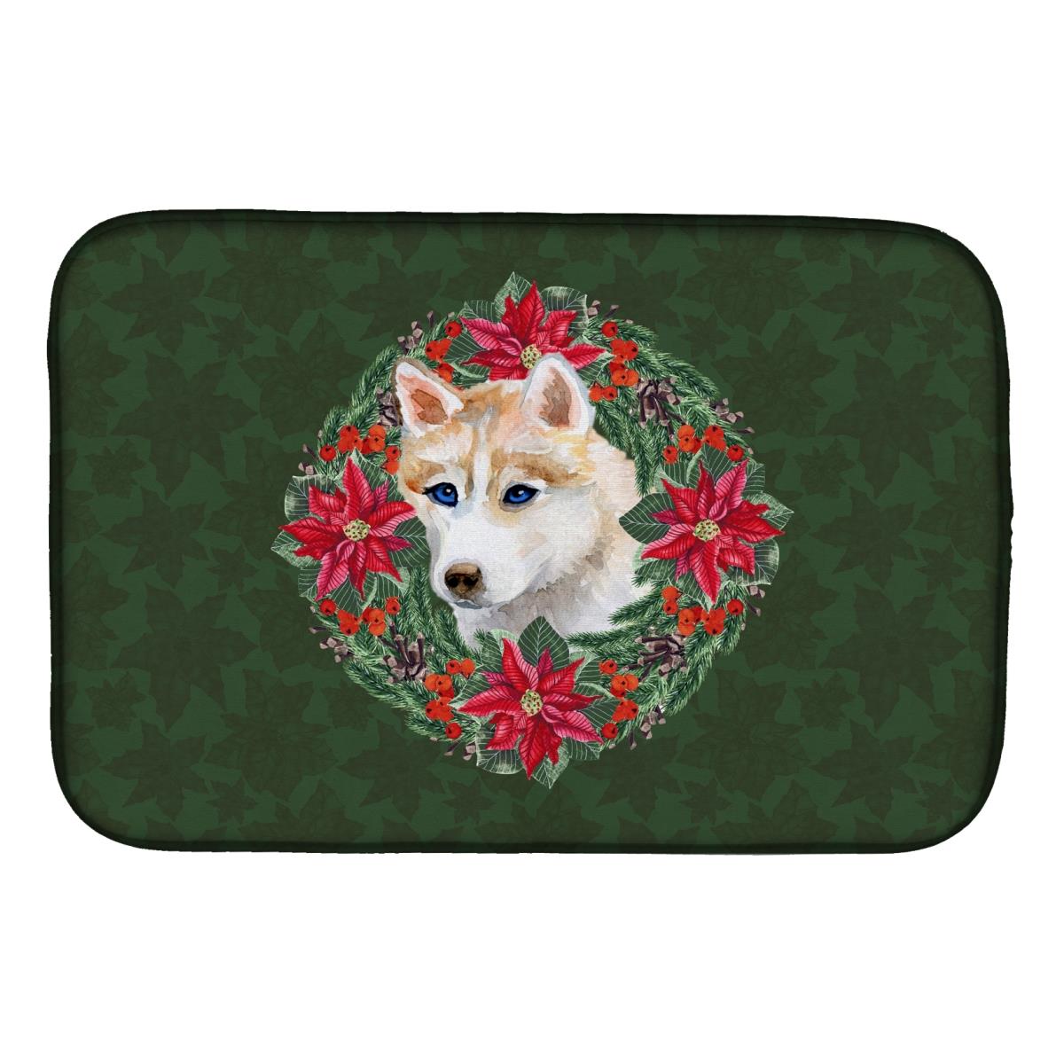 Siberian Husky Poinsetta Wreath Dish Drying Mat