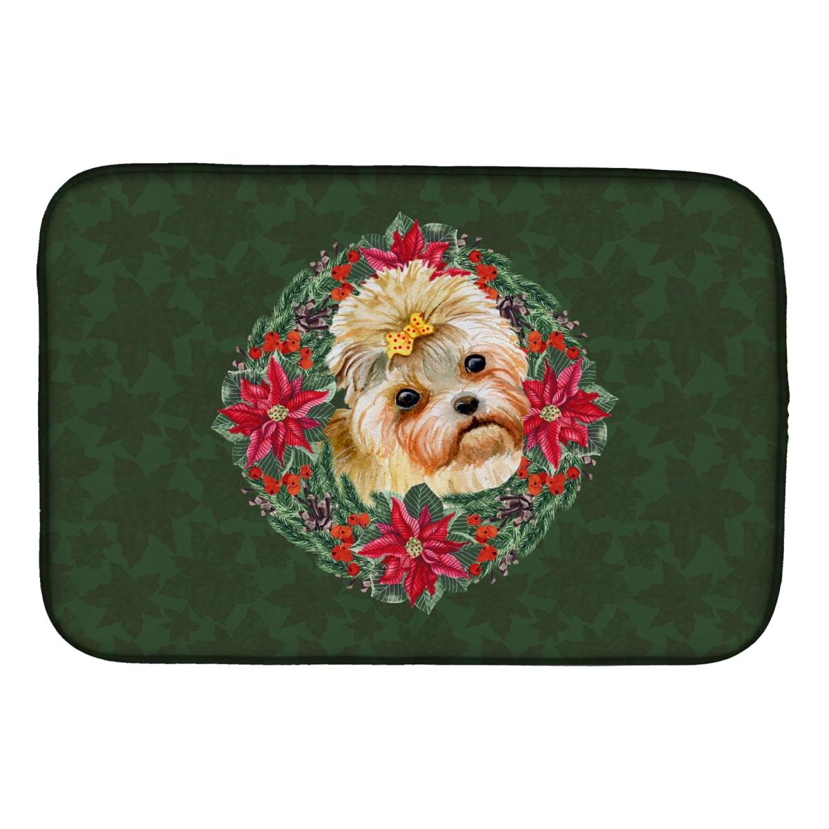 Morkie Poinsetta Wreath Dish Drying Mat