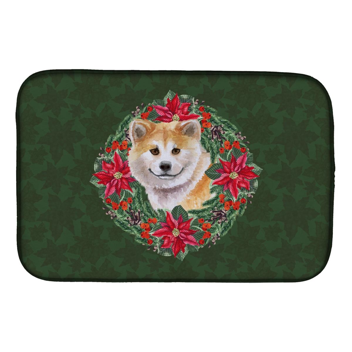 Shiba Inu Poinsetta Wreath Dish Drying Mat