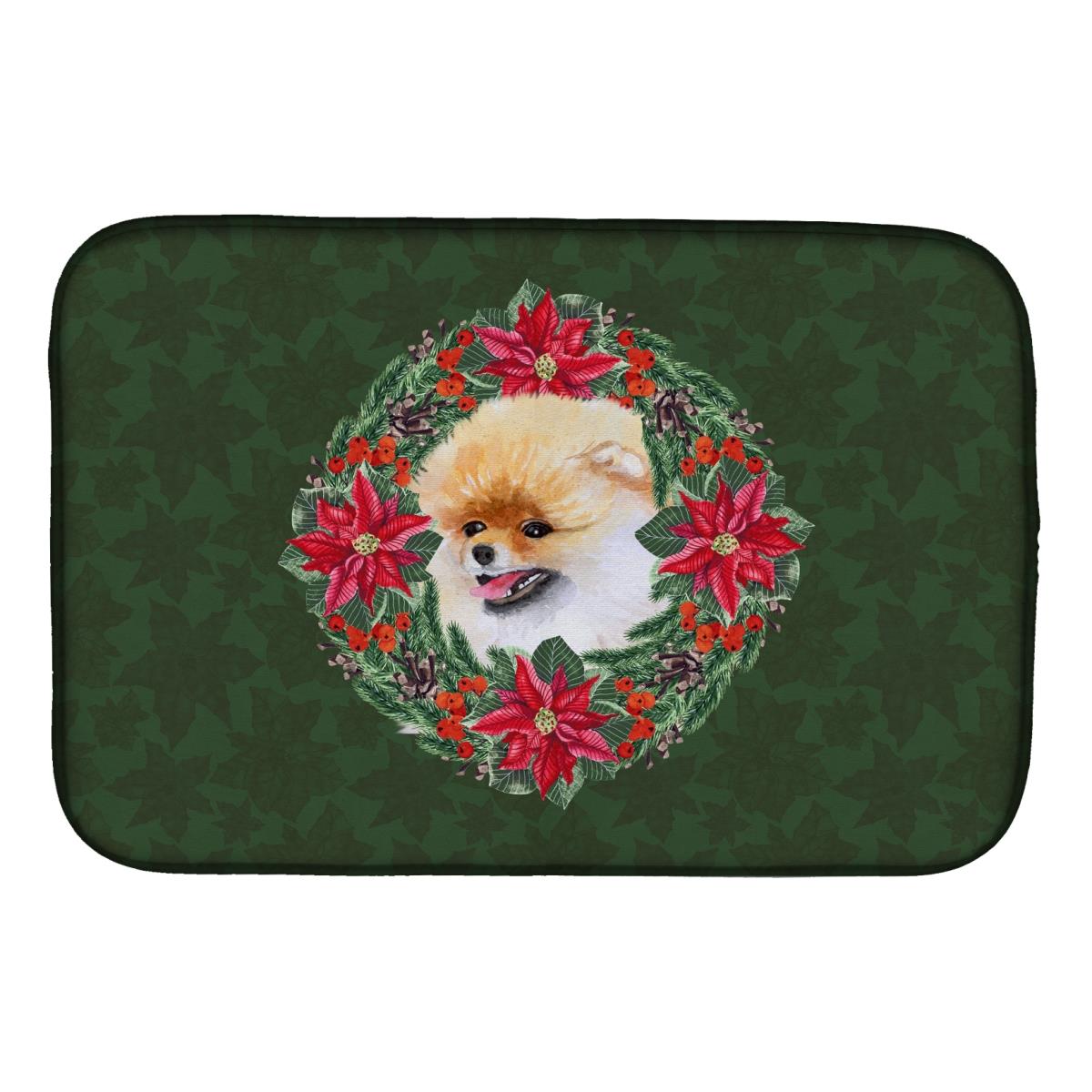 Pomeranian Poinsetta Wreath Dish Drying Mat