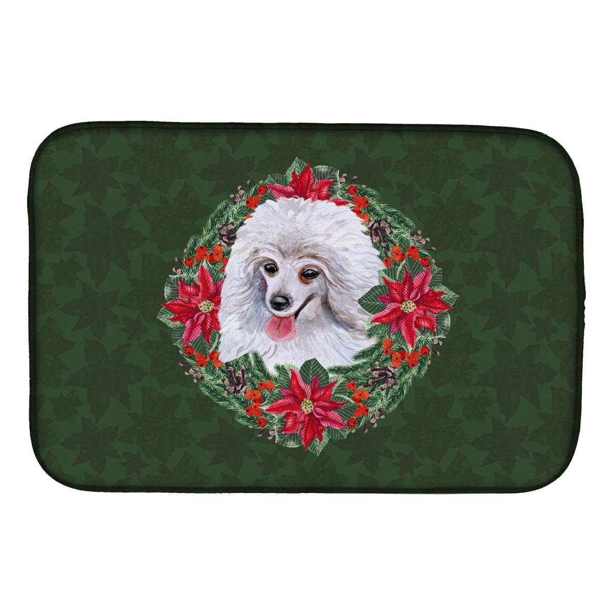 Medium White Poodle Poinsetta Wreath Dish Drying Mat