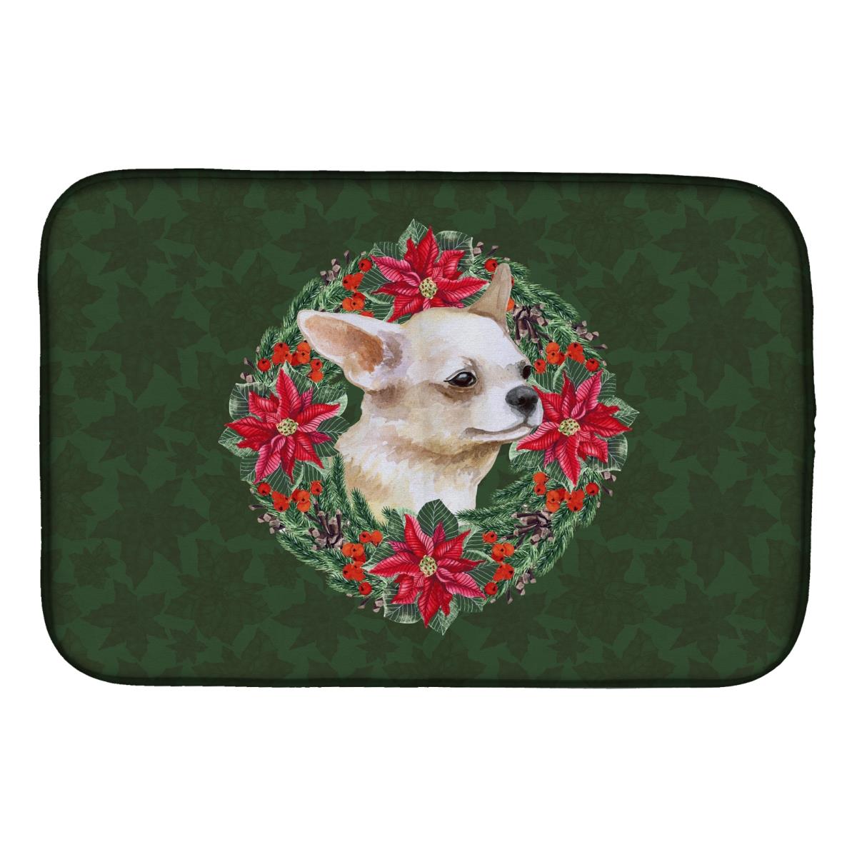 Chihuahua Leg Up Poinsetta Wreath Dish Drying Mat