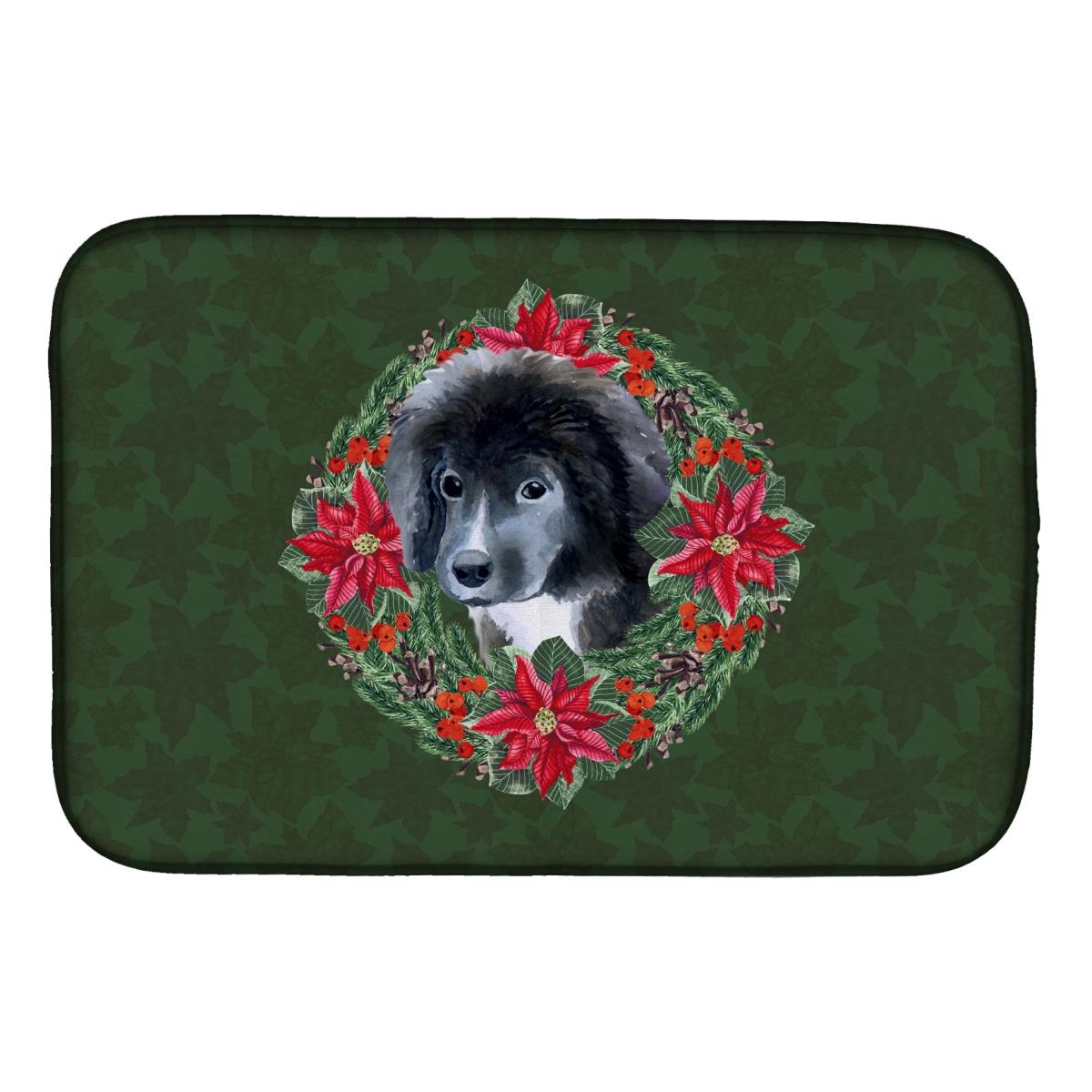 Picture of Carolines Treasures CK1565DDM Newfoundland Puppy Poinsetta Wreath Dish Drying Mat