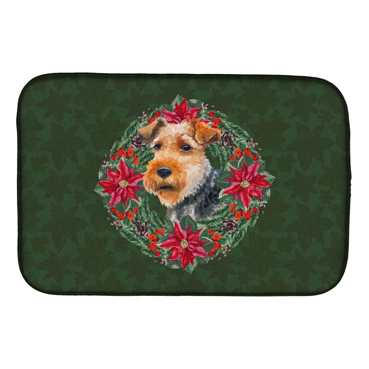 Welsh Terrier Poinsetta Wreath Dish Drying Mat
