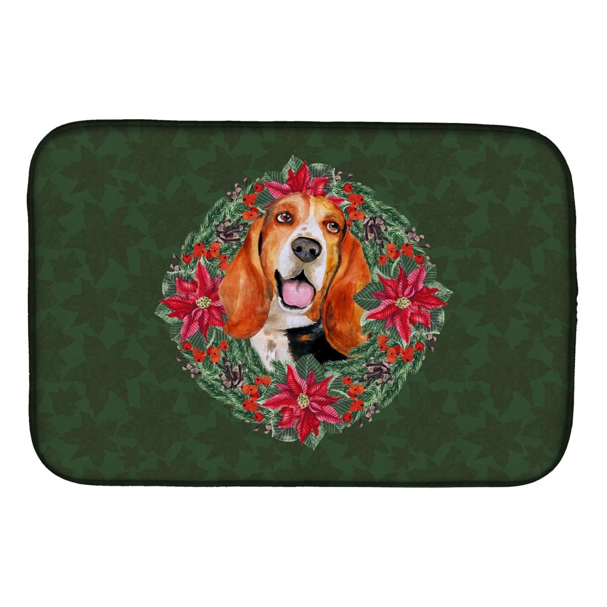 Basset Hound Poinsetta Wreath Dish Drying Mat