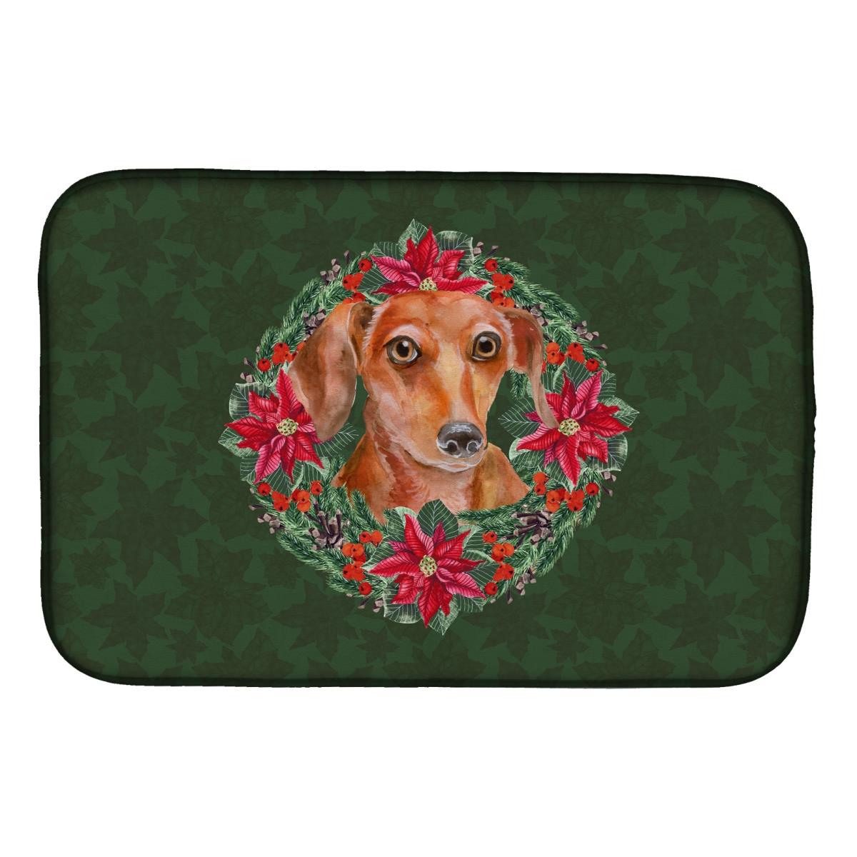 Red Dachshund Poinsetta Wreath Dish Drying Mat