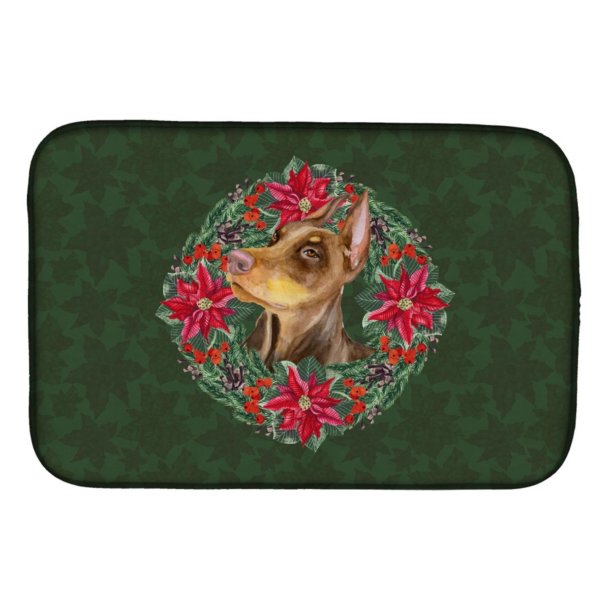 Doberman Pinscher Poinsetta Wreath Dish Drying Mat