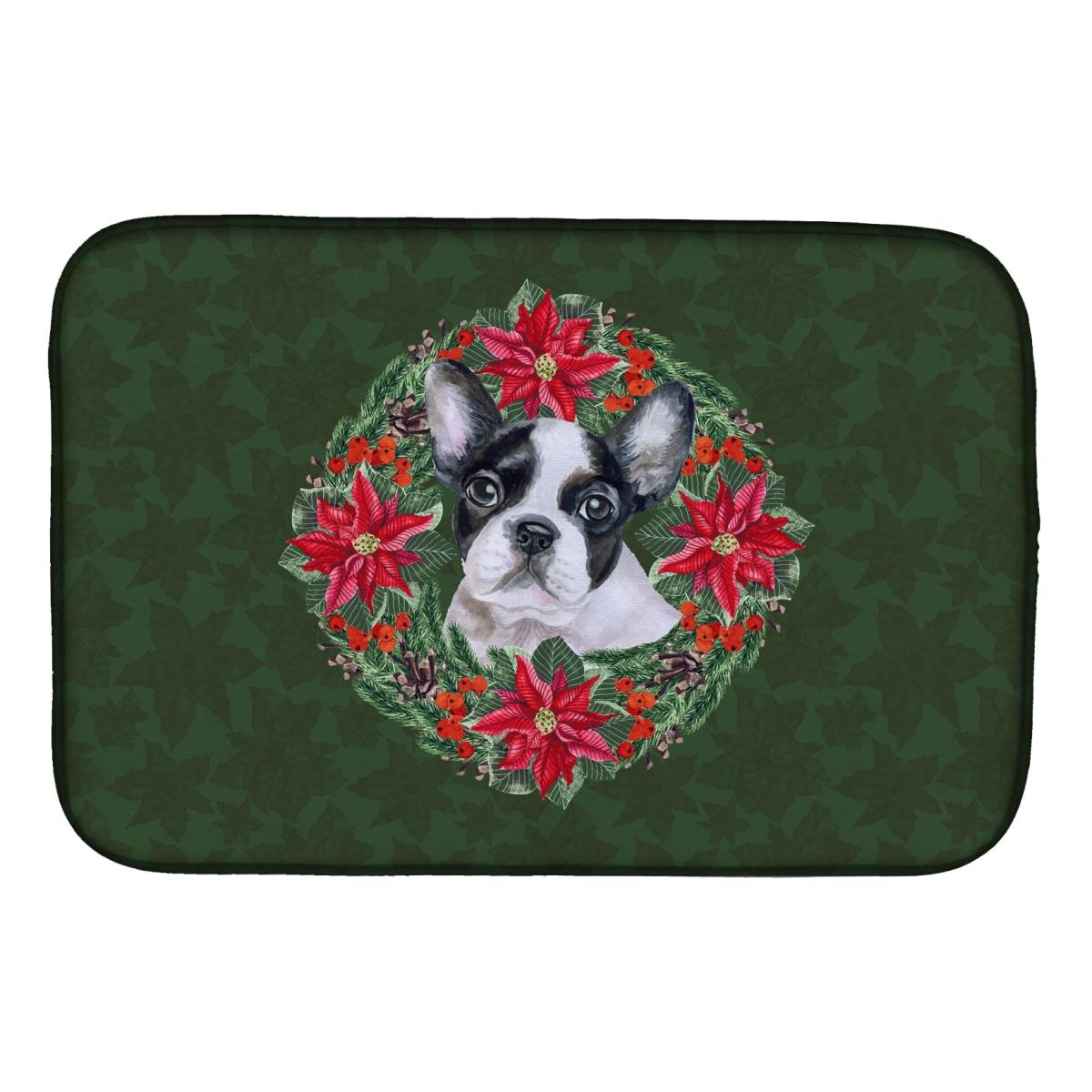 French Bulldog Black & White Poinsetta Wreath Dish Drying Mat