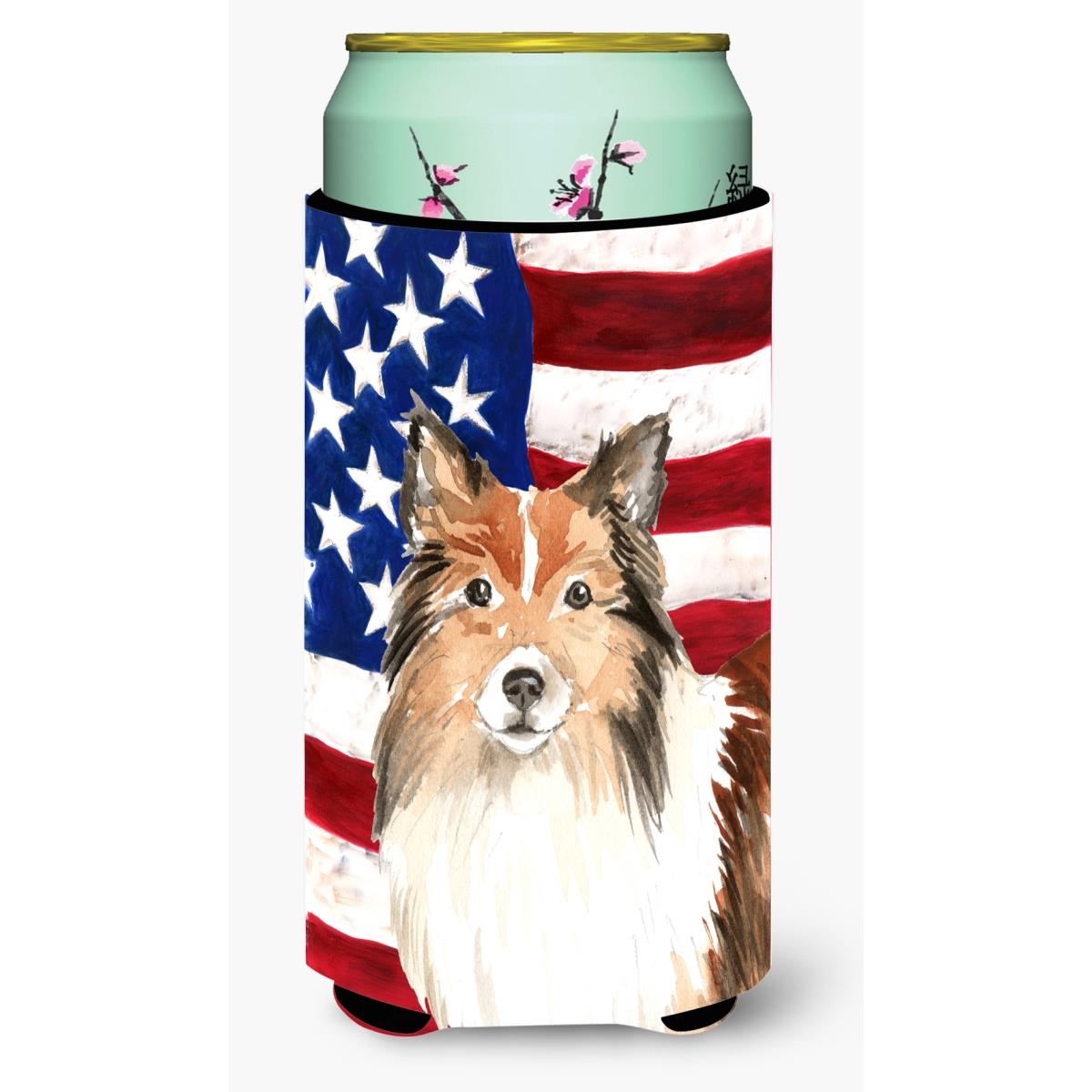 Patriotic USA Sheltie Tall Boy Beverage Insulator Hugger