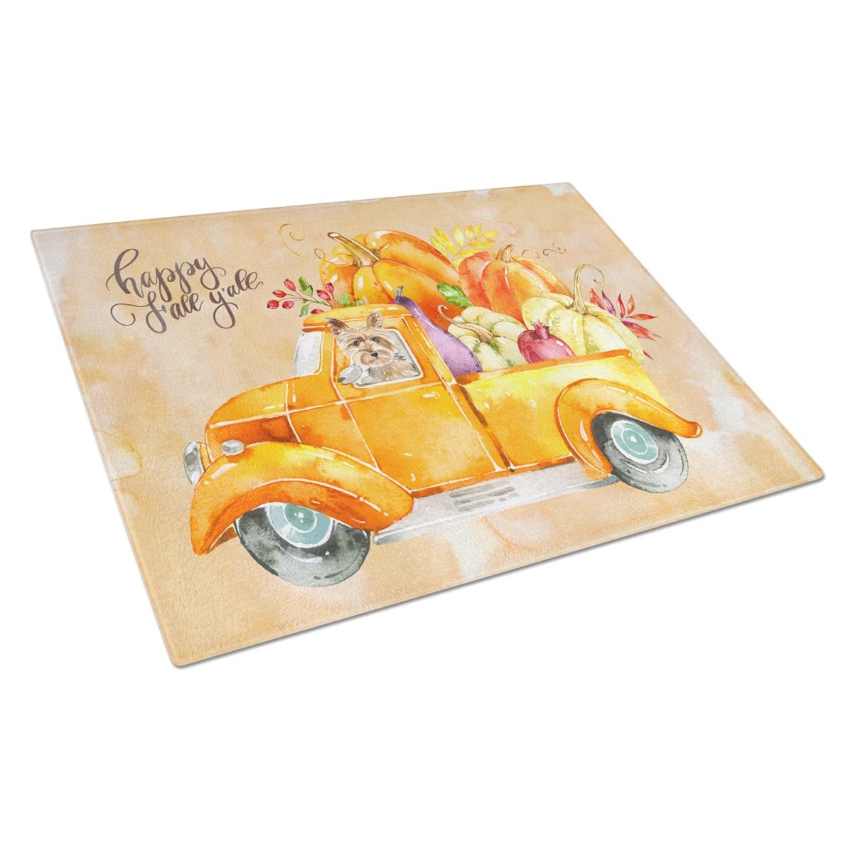 Picture of Carolines Treasures CK2643LCB Fall Harvest Yorkshire Terrier Glass Cutting Board - Large