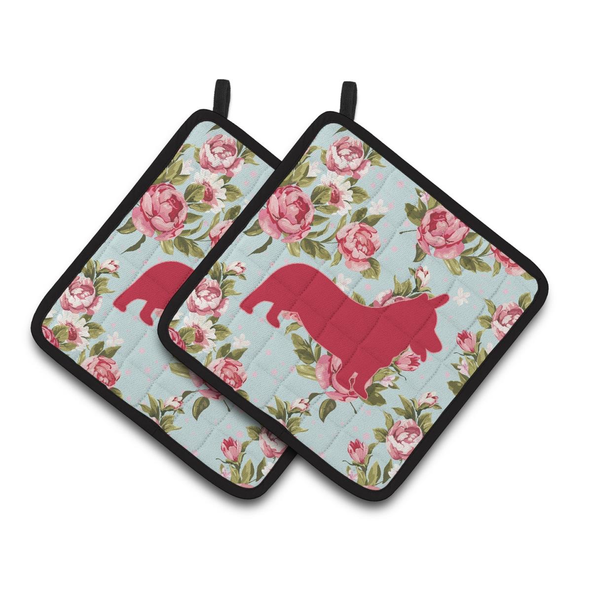 Picture of Carolines Treasures BB1069-RS-BU-PTHD Corgi Blue Roses Pair of Pot Holders
