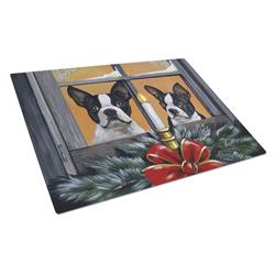 Boston Terrier Looking for Santa Christmas Glass Cutting Board - Large