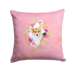 14 x 3 x 14 in. Corgi Pink Flowers Fabric Decorative Pillow