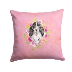 14 x 3 x 14 in. Black Parti Cocker Spaniel Pink Flowers Fabric Decorative Pillow