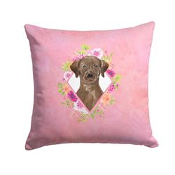 14 x 3 x 14 in. Chocolate Labrador Pink Flowers Fabric Decorative Pillow