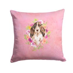 14 x 3 x 14 in. Brown Parti Cocker Spaniel Pink Flowers Fabric Decorative Pillow