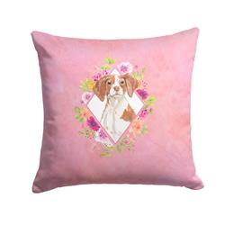 14 x 3 x 14 in. Brittany Spaniel Pink Flowers Fabric Decorative Pillow