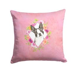14 x 3 x 14 in. Boston Terrier Pink Flowers Fabric Decorative Pillow