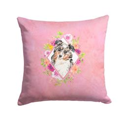 14 x 3 x 14 in. Australian Shepherd Pink Flowers Fabric Decorative Pillow