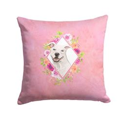14 x 3 x 14 in. White Pit Bull Terrier Pink Flowers Fabric Decorative Pillow