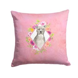 14 x 3 x 14 in. Blue Pit Bull Terrier Pink Flowers Fabric Decorative Pillow