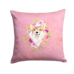 14 x 3 x 14 in. Corgi Pink Flowers Fabric Decorative Pillow