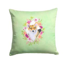 14 x 3 x 14 in. Corgi Green Flowers Fabric Decorative Pillow