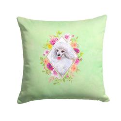 14 x 3 x 14 in. White Mini Poodle Green Flowers Fabric Decorative Pillow