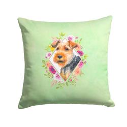 14 x 3 x 14 in. Welsh Terrier Green Flowers Fabric Decorative Pillow