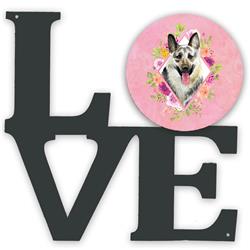 11.5 x 11.75 in. Eastern German Shepherd Pink Flowers Metal Artwork Love Wall Decor