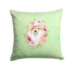 14 x 3 x 14 in. Corgi Green Flowers Fabric Decorative Pillow