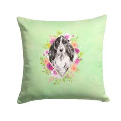 14 x 3 x 14 in. Black Parti Cocker Spaniel Green Flowers Fabric Decorative Pillow