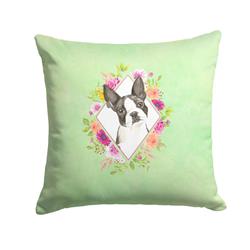 14 x 3 x 14 in. Boston Terrier Green Flowers Fabric Decorative Pillow