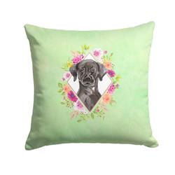 14 x 3 x 14 in. Black Labrador Green Flowers Fabric Decorative Pillow