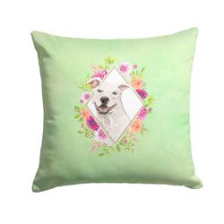14 x 3 x 14 in. White Pit Bull Terrier Green Flowers Fabric Decorative Pillow