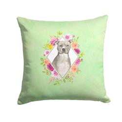 14 x 3 x 14 in. Blue Pit Bull Terrier Green Flowers Fabric Decorative Pillow