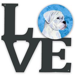 SS4785-BUWALV 11.5 x 11.75 in. Blue White Natural Eared Boxer Metal Artwork Love Wall Decor