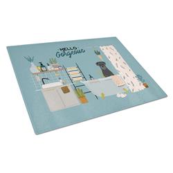 Black Standard Schnauzer in Bathtub Glass Cutting Board - Large