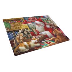 Santas Workshop, Golden Retriever & Cats Glass Cutting Board - Large