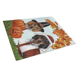 PPP3087LCB Dachshund Thanksgiving Pilgrims Glass Cutting Board - Large