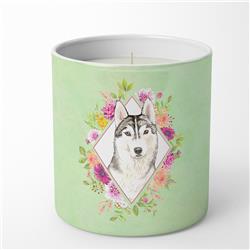 10 oz Siberian Husky Green Flowers Decorative Soy Candle