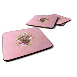 3.5 x 3.5 in. Chocolate Cockapoo Pink Flowers Foam Coaster - Set of 4