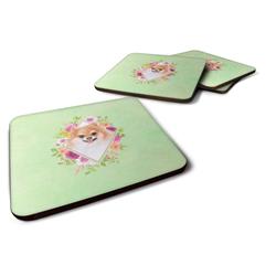 3.5 x 3.5 in. Pomeranian No.1 Green Flowers Foam Coaster - Set of 4 -  CoolCookware, CO2896847