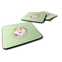 Picture of Carolines Treasures CK4359FC 3.5 x 3.5 in. Fox Terrier Green Flowers Foam Coaster - Set of 4