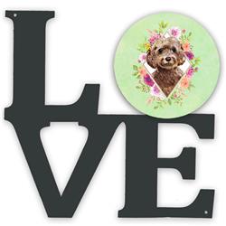 11.5 x 11.75 in. Chocolate Cockapoo Green Flowers Metal Artwork Love Wall Decor