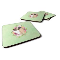 3.5 x 3.5 in. Fawn Great Dane Green Flowers Foam Coaster - Set of 4