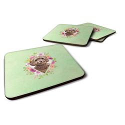 3.5 x 3.5 in. Chocolate Cockapoo Green Flowers Foam Coaster - Set of 4